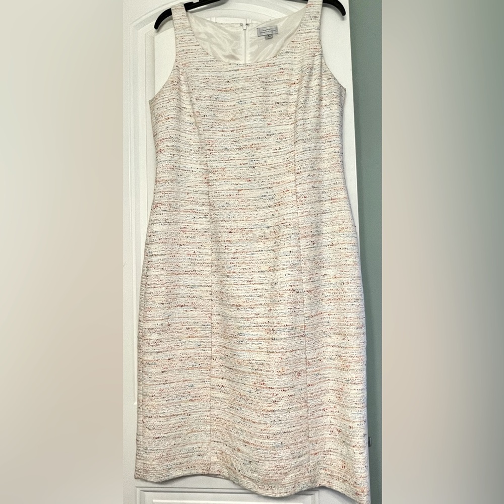 TAHARI Arthur S. Levine tweed ivory dress w/ multicolored detail scoop neck sz8